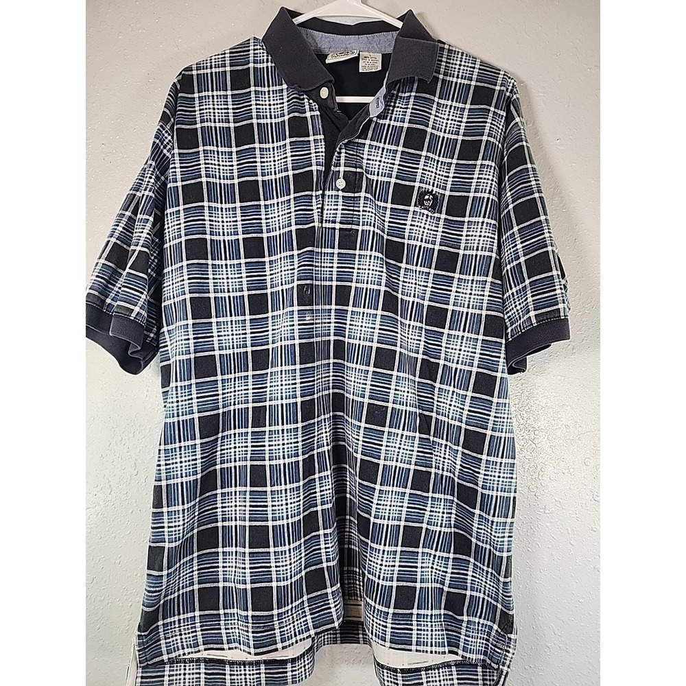 Y2K Cinch Jeans PlBlue White Plaid Western Shirt Short Sleeve Polo‎ - L